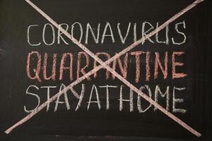 inscription stay at home. Outbreak Warning. written white chalk on blackboard in connection with epidemic of coronavirus worldwide. photo