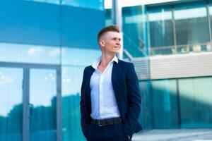 Business. Businessman Standing City Street Near Office Building photo