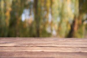 Empty wooden table nature bokeh background with a country outdoor theme,Template mock up for display of product photo