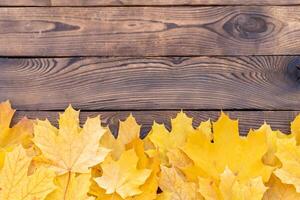 otoño hojas marco en de madera antecedentes parte superior ver otoño frontera amarillo y naranja hojas Clásico madera mesa Copiar espacio para texto. foto