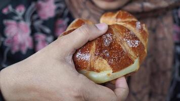 kvinna hand innehav halv uppäten bröd med salami korv inuti video