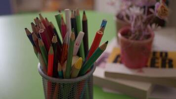 Group of color pencils on table with copy space. video