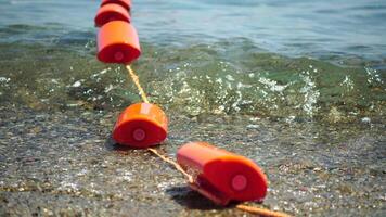 oranje veiligheid boeien Aan een touw drijvend in de zee Aan een zonnig dag, dichtbij omhoog. hekwerk van de zwemmen Oppervlakte Aan de strand. video
