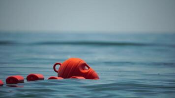 naranja la seguridad boyas en un cuerda flotante en el mar en un soleado día, cerca arriba. Esgrima de el nadando zona en el playa. video