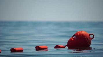 naranja la seguridad boyas en un cuerda flotante en el mar en un soleado día, cerca arriba. Esgrima de el nadando zona en el playa. video