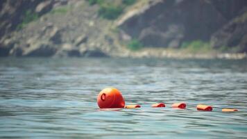 Orange sécurité bouées sur une corde flottant dans le mer sur une ensoleillé jour, proche en haut. escrime de le nager zone sur le plage. video