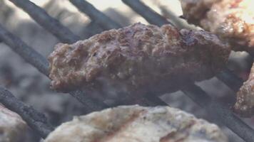 Fleisch Köche auf das Grill im schleppend Bewegung video