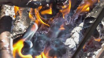 madera ardiente en el barbacoa en lento movimiento video