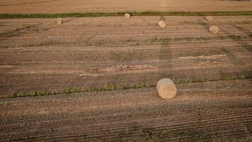 Aerial View of Countryside Fields with Hay Bales at Orange Sunset video