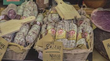 ROVIGO ITALY 30 OCTOBER 2021 Stall full of sausages for sale video