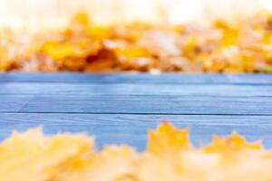 Empty wooden table nature bokeh background with autumn yellow maple leaf boarder Template mock up for display of product Copy space photo