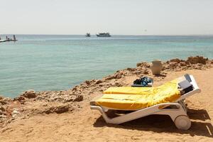 Half turn view chaise longues on the beach beach chaise longues photo