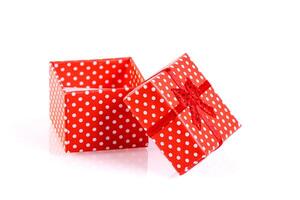 beautiful new year red gift boxes on white background photo