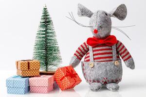 Christmas green background with presents and rat and mouse on a white background photo