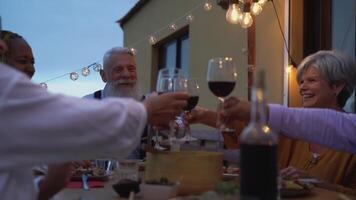 uma grupo do pessoas brindar vinho às uma jantar mesa video