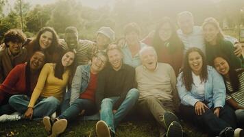 uma grupo do pessoas a partir de diferente geração estão sentado em a Relva dentro uma parque video