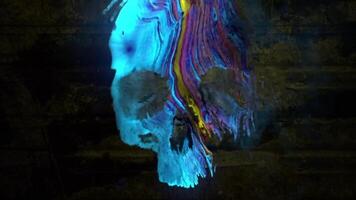 a skull with colorful hair and a glowing light video
