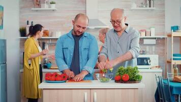 abuelo y hijo en el comida habitación preparando un Fresco ensalada. un medio Envejecido hombre y más viejo mayor tener divertido trabajando juntos Cocinando el cena en un moderno cocina, mientras mujer hablando en antecedentes durante un relajante familia día. video