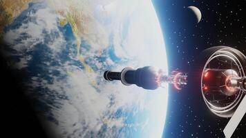 International scientific space station orbiting around planet earth. Floating spaceship in the univers, shuttle into atmosphere. Images from NASA. 3D render animation video