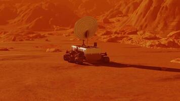 Mars robot searching red planet surface. Landscape mission science and space cosmos galaxy exploration in univers and space, robot vehicle in cosmos. 3D render animation video