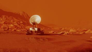 Rover exploring mars red planet surface sent by NASA. Landscape mission science and space cosmos galaxy exploration in univers and space, robot vehicle in cosmos. 3D render animation video