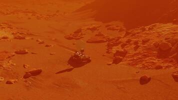 NASA mars rover exploring red plance surface to gather information. Landscape mission science and space cosmos galaxy exploration in univers and space, robot vehicle in cosmos. 3D render animation video