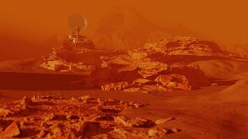 Mars rover on red planet surface sitting on rock. Landscape mission science and space cosmos galaxy exploration in univers and space, robot vehicle in cosmos. 3D render animation video