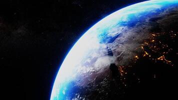 Realistic representation of planet earth from the space. 3D render animation. NASA images. World globe global environment in stars galaxy cosmos, science universe exploration of atmosphere astronomy video