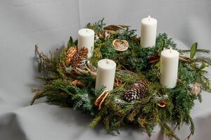 Christmas composition of flowers and Christmas decorations photo