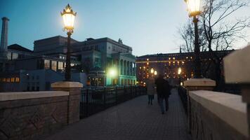 Couple strolling on bridge under city lights, passing by buildings and trees video