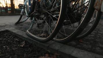 Row of bikes parked on sidewalk with wheels lined up video