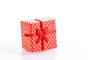 beautiful new year red gift boxes on white background photo