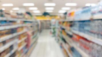 supermarket aisle and shelves blurred background. grocery store retail business concept photo