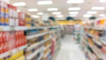 supermarket aisle and shelves blurred background. grocery store retail business concept photo