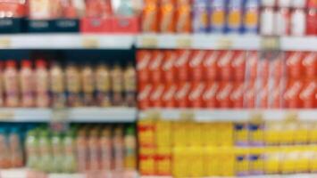 supermarket aisle and shelves blurred background. grocery store retail business concept photo