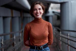 Woman portrait dark background Caucasian female headshoot photo