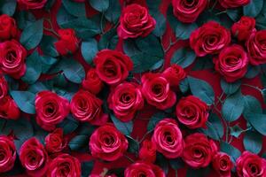 Artificial roses glued to the wall. Beautiful background of their bright red flowers photo