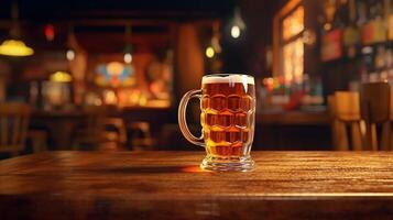 glass with beer on wooden table in pub copy space photo