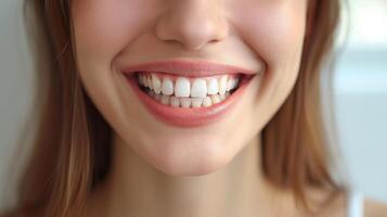 AI generated Close up of beautiful young woman with healthy teeth, on light background photo