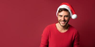 Young handsome caucasian guy in red sweater and Santa hats stands on red background in studio and teeth smiling photo
