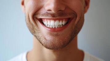 AI generated Close up of smiling young man with white teeth. Dental care concept photo