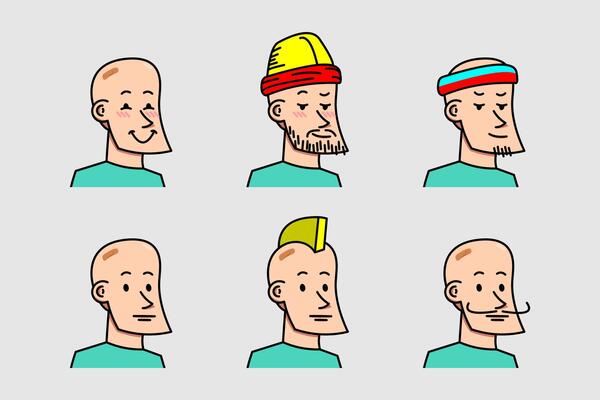 Cartoon Bald Male Head Facial Expression Set With Various Clothes Vector