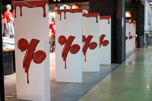 Percentage sign at the entrance to the store denoting seasonal discounts photo