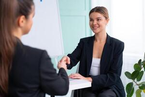 Job interview. Business, career and placement concept. Young blonde woman holding resume, while sitting in front of candidate during corporate meeting or job interview photo