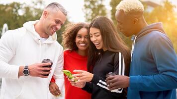 Multi-ethnic group people teenage friends. African-american, asian, caucasian student spending time together Multiracial friendship photo