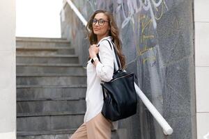 Business Woman Eyeglasses Dressed White Shirt Outdoor photo