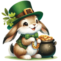 AI generated Cute bunny Saint Patrick's Day Clipart, rabbit wearing a leprechaun hat, Saint Patrick's Day png