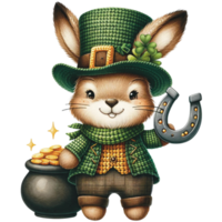 AI generated Cute bunny Saint Patrick's Day Clipart, rabbit wearing a leprechaun hat, Saint Patrick's Day png