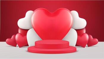 Red romantic Valentine's Day 3d podium pedestal with heart heap wall background realistic vector