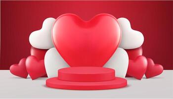 Red romantic Valentine's Day 3d podium pedestal with heart heap wall background realistic vector